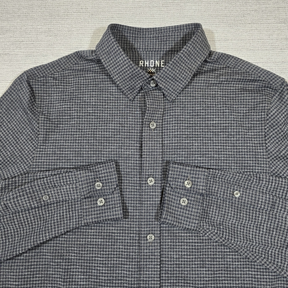 Rhone Commuter Slim Fit Button Shirt Mens M Gray Check Long Sleeve Stretch